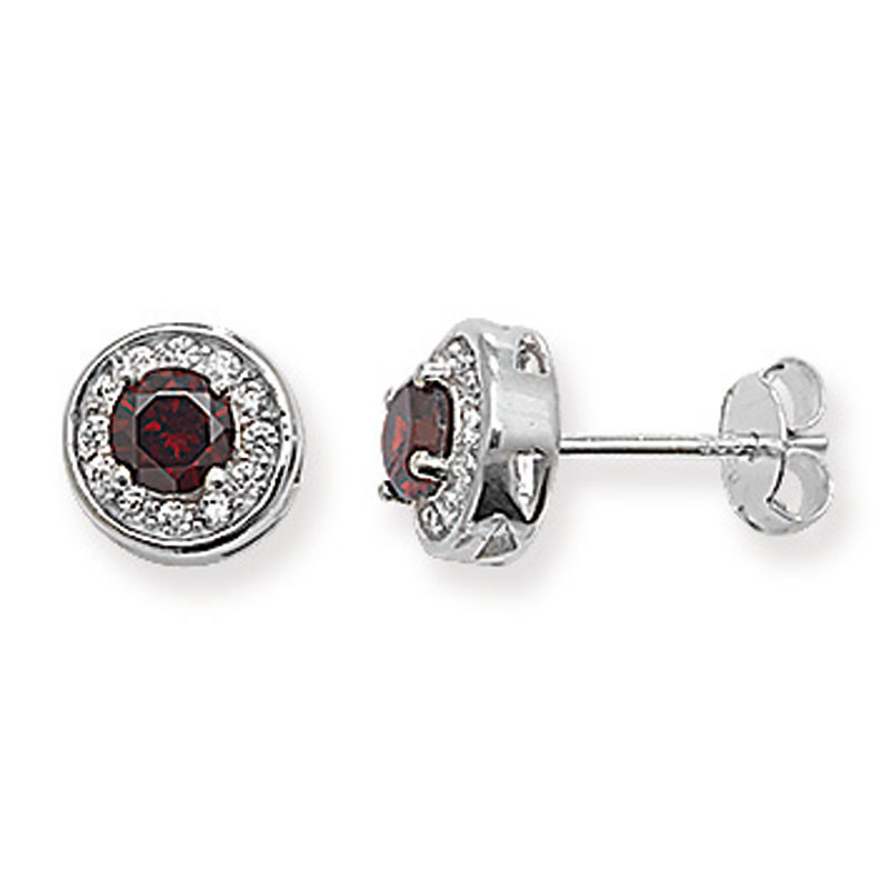 S/S CZ Round Garnet Stud Earrings