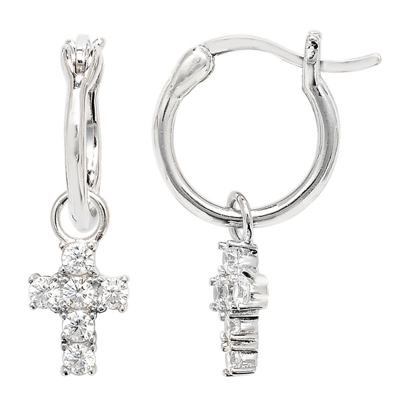 S/S R/P CZ Hoop Earrings with Cross