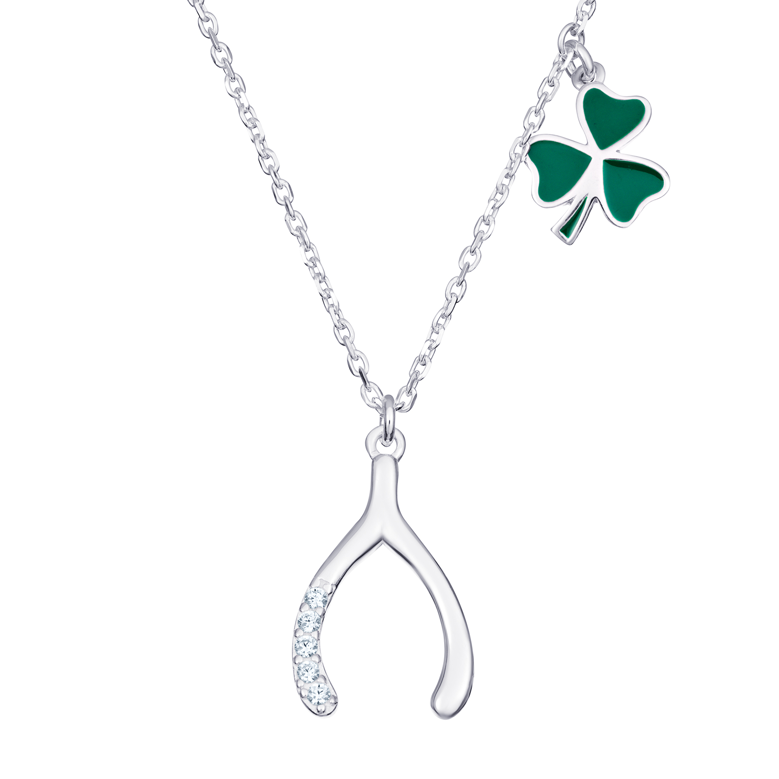 CZ Wishbone Shamrock Necklace